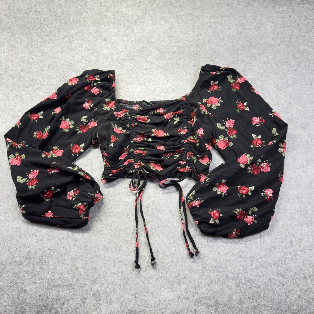 Wild Fable Crop Top‎ Women XS Black Floral Excellent Ruched Puff Sleeve Smocked